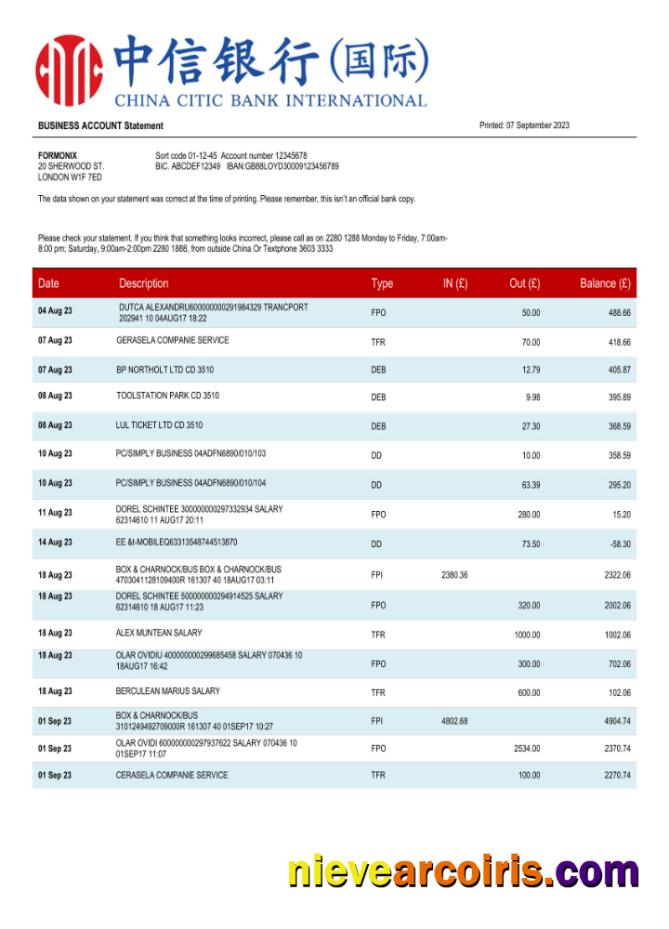 China Citic Bank corporate account statement